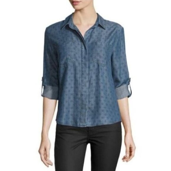 Nordstrom Velvet Heart Top M Chambray Button Printed Tencel Sustainable Summer - Picture 1 of 9